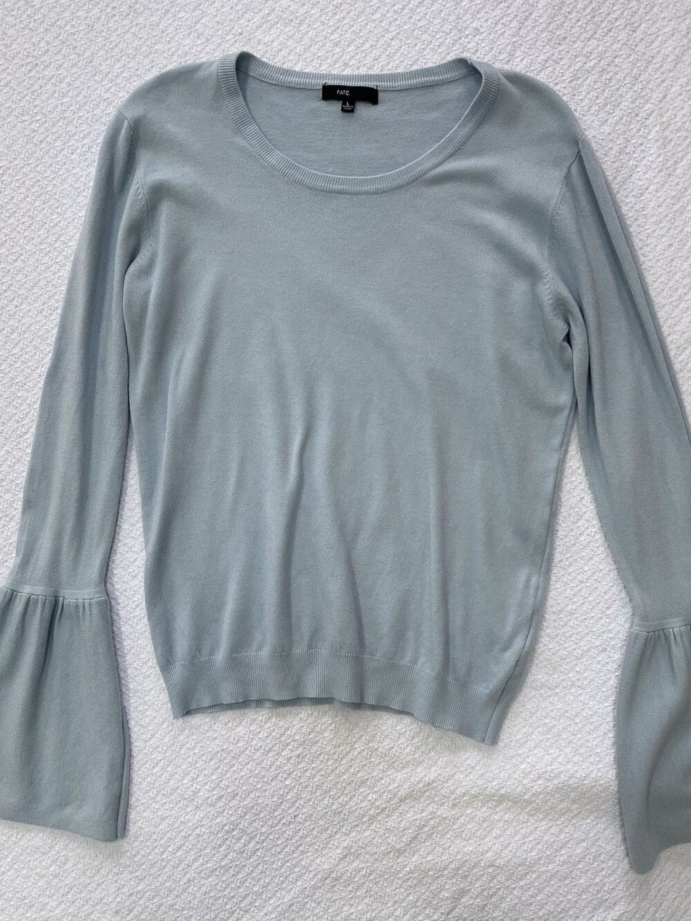 FATE. Pastel Blue Bell Sleeve Knit Sweater Top Light Blue Size Large L